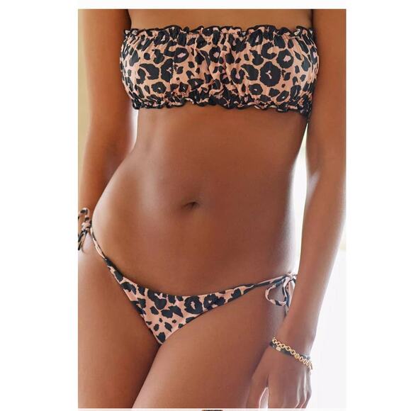 New Anthropologie PQ Remi Leopard Ruched Bandeau Bikini Top + Tie Bottoms Set - Picture 2 of 6